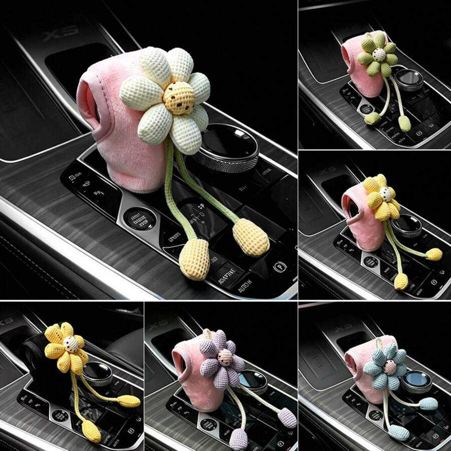 Cute Knitted Flower Car Interior Gear Shift Cover, Soft Plush Car Gear Lever Protector, All-Season Universal, Women's And Girls' Car Interior Decoration Accessory