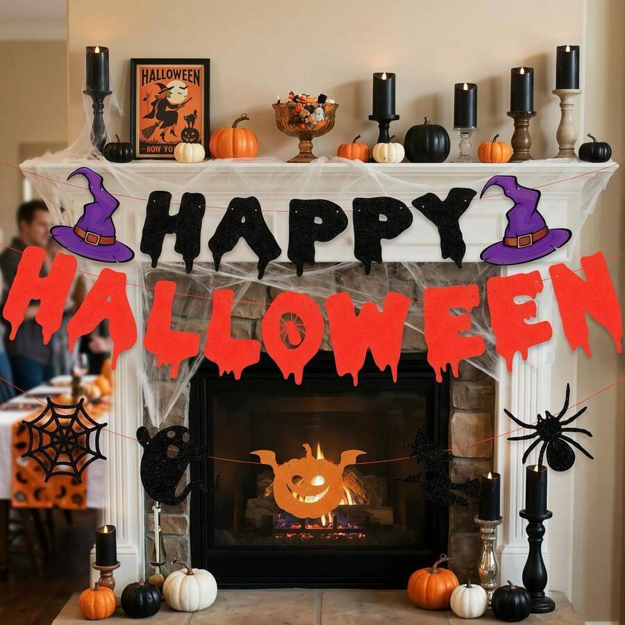 3pcs Halloween Hanging Banner Decoration, Happy Halloween Garland With Witch Hat, Ghost, Spider Web, Pumpkin And Bat Patterns, Scary Party Supplies, Suitable For Home Door Wall Window Decoration, Cute Horror Theme Indoor Outdoor Holiday Decoration Accessories