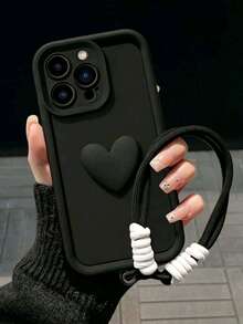 1pc 3D Heart Phone Case Compatible With IPhone 17 Pro Max, 16, 15, 14, 11 With Lanyard, Minimalist Phone Cover - Black - View 1