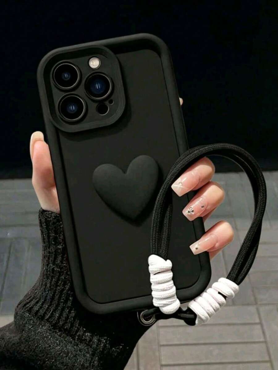 1pc 3D Heart Phone Case Compatible With IPhone 17 Pro Max, 16, 15, 14, 11 With Lanyard, Minimalist Phone Cover - Black - View 1