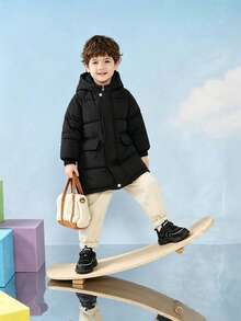 1pc Winter Coat For Little Boys, Mid-Length Hooded Cold-Proof Jacket, Suitable For Children And Girls - Black - View 2