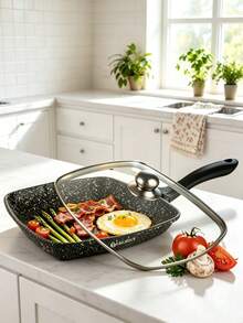 24CM Non-Stick Square Frying Pan Set, Granite Coated Skillet With Glass Lid, Multipurpose Cooking Pan,Non Stick Cooking Pan,Cookware Set,Suitable For Induction & Gas Hob, Kitchen Cookware For Steak, Pancakes & Daily Cooking - View 4