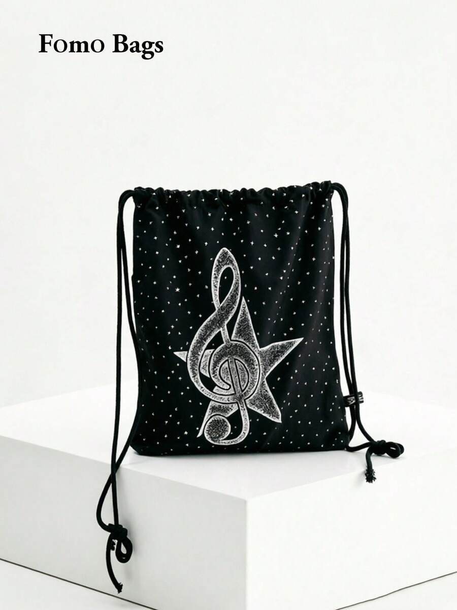 Back To School Niche Design Ins Style Y2K Sweet Cool Girl Star Pattern Drawstring Backpack For Female Students, Durable And Dirt-Resistant, Versatile Fashionable Drawstring Bag Suitable For College And High School Students - Black - View 1