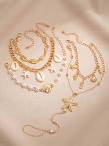 5pcs/Set Bohemian Beach Vacation Starfish Shell Bracelet Layered Conch Pearl Ring Jewelry Set, Suitable For Summer Beach - Yellow Gold - View 3