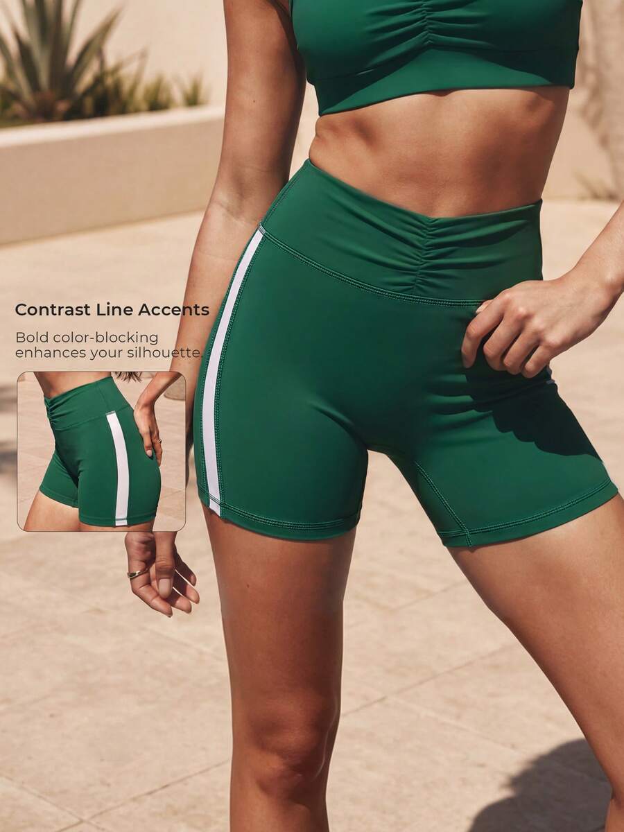 Women's Colorblock Tummy Control Ruched High Waist Butt Lifting Sports Shorts With Side Stripes - Green - View 1