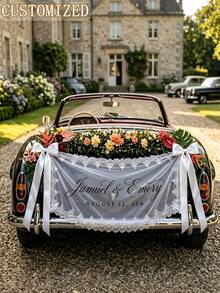 客製化蕾絲婚車透明橫幅，可客製新娘新郎姓名與日期，緞面絲帶蝴蝶結車飾背景，婚禮裝飾 - 彩色 - 查看 3