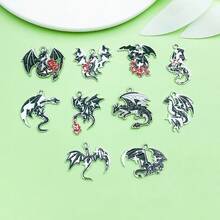 5/10pcs Silver Tone Enamel Dragon Charms Gothic Flying Dragon Pendants Rose Flame Design For DIY Earring Necklace Jewelry Making Supplies - Black - View 8