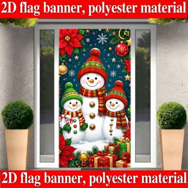 2D Plane 1 Piece Of Christmas-Themed Banner Background, Consisting Of Three Snowmen With Petunias, Snowflakes, Christmas Hanging Balls And Gift Boxes. Made Of Polyester Material, No Power Supply Required.