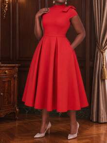 NOU Elegant Lady Style Bow Tie Small Stand Collar Cap Sleeve Short Sleeve A-Line Waist-Defining Mid-Length Dress For Women, Flattering Proportion, - Red - View 5