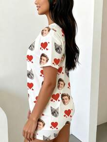 1pc Women Custom Photo Lips Print Soft Loose Short Pajama Set Casual Valentine Loungewear - White - View 4