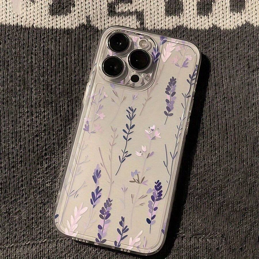 1件 Ins風清新木槿花與葉片純色圖案太空殼防滑軟手機殼,適用於 iPhone 11/12/13/14/15/16 Pro Max - 彩色 - 查看 1