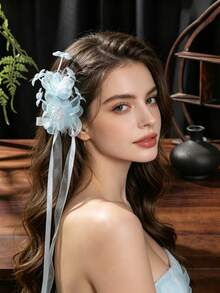 1件新娘絲綢雪紡髮飾，附仙女風緞帶，婚禮季盤髮髮夾裝飾 - 9847藍色 - 查看 4