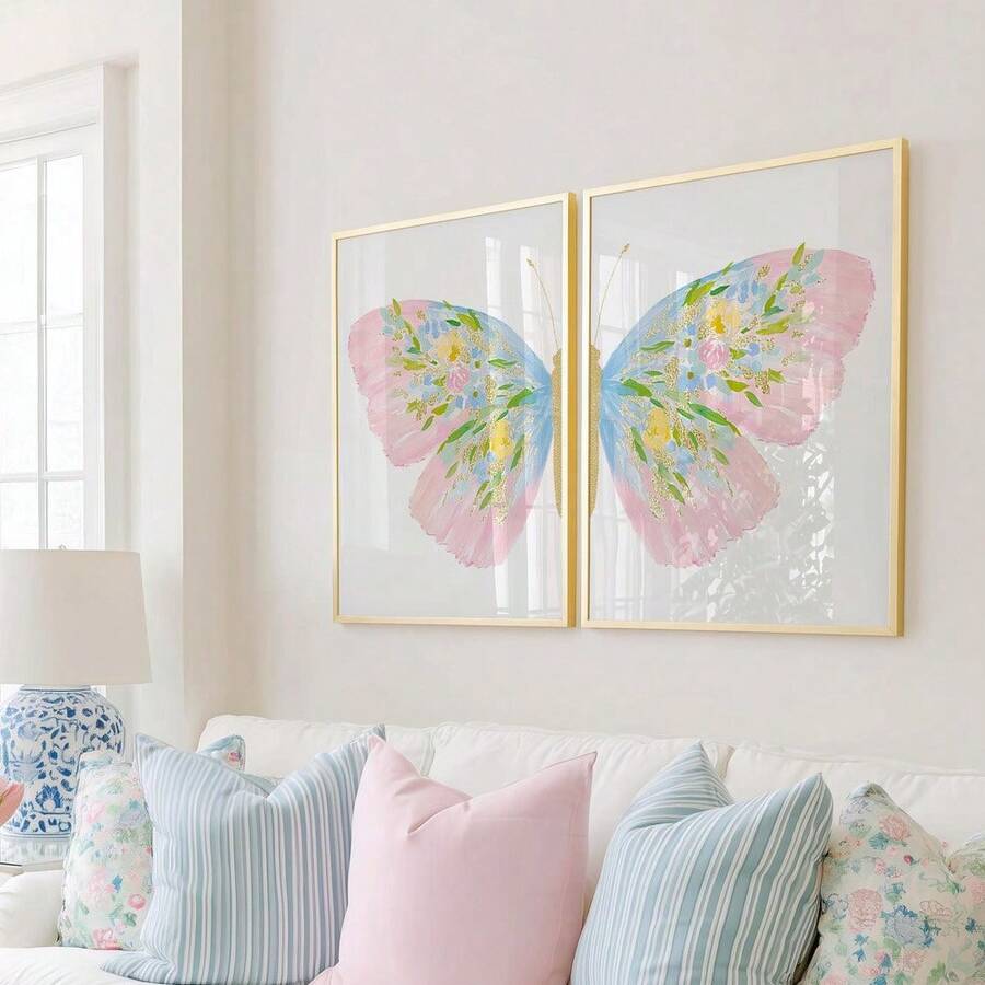 1/2pcs Framed/Unframed Blue & Pink Fantasy Butterfly Vintage Canvas Poster, Abstract Butterfly Wings Academic Style Wall Art Decor, Aesthetic Decoration For Girls Room, Nursery, Dorm, Children's Room, Bedroom, Modern Home Decor - Poster - View 1
