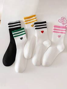 4 Pairs Random Assorted Women's Multi-Color Striped Heart Mid-Calf Socks, Breathable Cute Sweet Preppy Style, Versatile For Outings, Commuting And Gifts - Multicolor - View 6