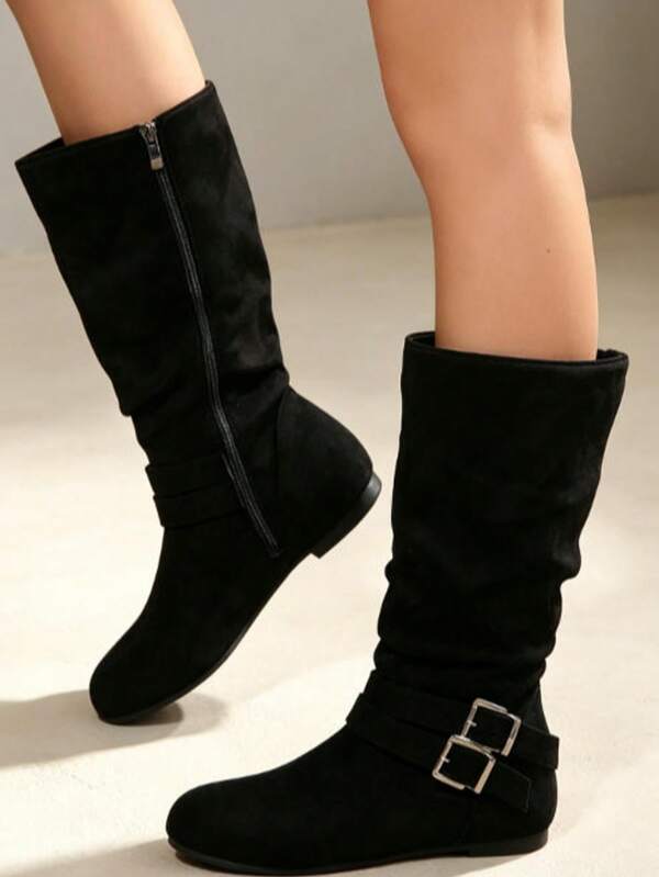 Black Ruched Loose Shaft Mid-Calf Flat Round Toe Boots, Slouchy Boots For Women, Slimming And Flattering, Autumn/Winter
