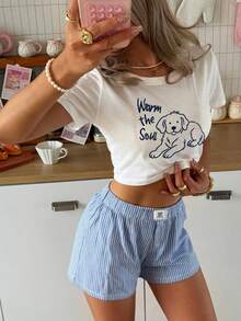 2pcs Women's Round Neck Lace Patchwork Cropped Long Sleeve Top + Shorts Loungewear Set - Blue - View 1