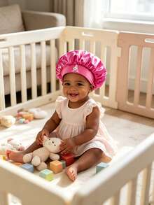 1PC Children's Smooth Satin Bonnet With Letter, Fashionable And Comfortable Sleep Cap, Breathable And Non-Slip, Daily Hair Care Hat - Hot Pink - View 4