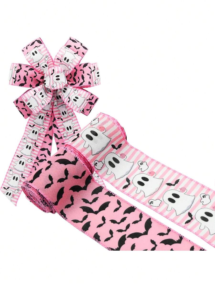 Pink Halloween String Ribbon 2 Rolls 1.47in Wide Total Length 10 Yards Soft Pink Style Girl's Style Halloween Ghost String Ribbon Creative Handmade Material Ribbon Bow. - Pink Halloween Ribbon - View 1