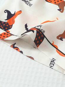 ROMWE 2pcs Women's Comfortable Halloween Pumpkin & Dachshund Print Collared Short Sleeve Top And Bowknot Shorts Pajama Set - Apricot - View 6