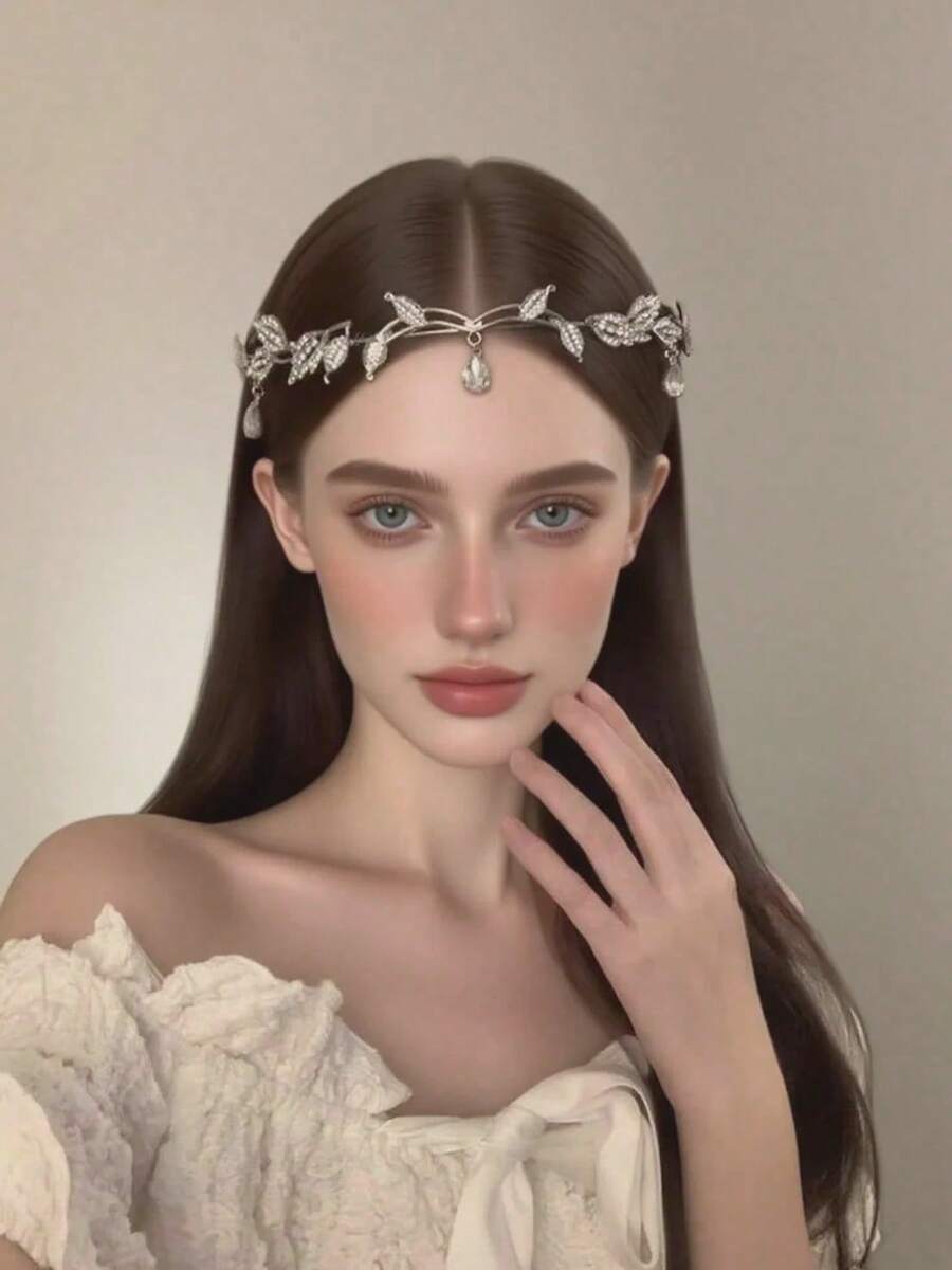 1pc Crystal Leaf Headband, Crystal Hair Accessory, Rhinestone Headband, Bridal Wedding Hair Accessory, Vintage Leaf Necklace, Rhinestone Forehead Ornament, Bridal Hair Accessory - Multicolor - View 1