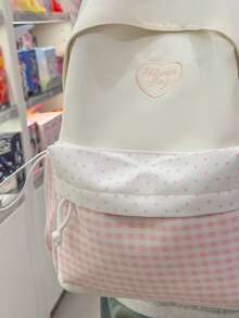 1pc Minimalist Large Capacity Small Grid Backpack School Bag Suitable For Travel, Shopping, Vacation, Checkered, College Style, Multi Pocket, Pink - Pink - View 4
