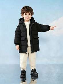 1pc Winter Coat For Little Boys, Mid-Length Hooded Cold-Proof Jacket, Suitable For Children And Girls - Black - View 4