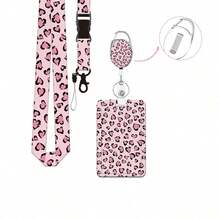1 Set Pink Leopard Print Detachable Retractable Lanyard Key Chain, Oval Badge Reel Clip Name Tag Holder With Vertical ID Card Protector, Suitable For Doctors, Teachers, Nurses, Interns, Staff, Drivers, Women, Office Supplies, Holiday Gift (Pink) - Fashionable - View 9