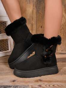 1 Pair Thermal Lined Thick Suede Collar Horn Button Platform Thick Sole Slip-On Non-Slip Warm Mid-Calf Boots - Black - View 1