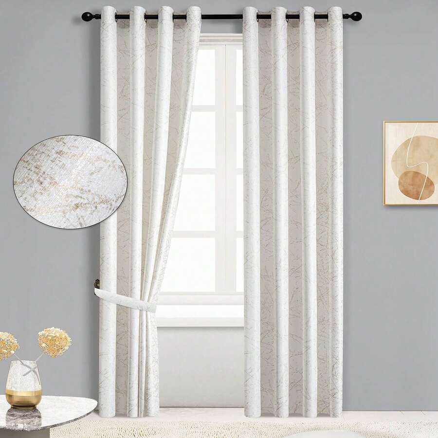 Rideau D'Une Seule Pièce, Tissé De Façon Irrégulière, Transparent, Semi-Transparent Et Perméable À La Lumière Avec Des Détails Dorés, Adapté Aux Fenêtres Du Salon Et De La Chambre, 140 X 280 Cm. - Blanc 1 - Voir 1
