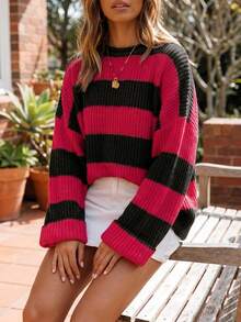 Women's Knit Pullover Sweater, Ribbed Knit Details With Bold Stripes, Perfect Choice For Autumn Outfits. - Black and Red - View 3