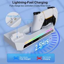 P5/P5 Slim/P5 Pro Wall Charging Dock, 2.5H Dual Fast Charge, 9 RGB Light Effects, Headphone Holder, Cooling Design, Anti-Tipping, Metal+ABS, Black+White, For Gamers - Black and White - View 5