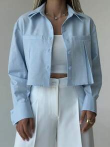 Solstice Apparel Kemeja Wanita Warna Biru Muda Model Crop Berkerah dengan Lipatan, Dua Saku, Kancing Depan, Lengan Panjang, Atasan Kasual untuk Kerja - Biru - View 2