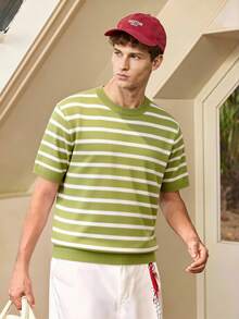 Whitmere Men's Stylish Contrast Color Striped Knit Sweater - Urban Minimalist Round Neck Short Sleeve Top, Breathable Summer Knit T-Shirt - Lime Green - View 1