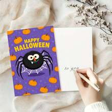 1 Greeting Card + 1 Envelope Adorable Halloween Greeting Card, Cute Spider With Pumpkins Pattern "Happy Halloween", Perfect For Friends, Spooky Festive Cartoon Style. - View 2