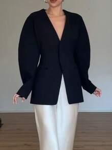 Women's Elegant Casual Long Sleeve V-Neck Cinched Waist Button-Front Blazer, Solid Color With Pockets, Suitable For Daily, Office, Dating - Black - View 5
