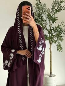 Abaya Depan Terbuka Bordir dengan Hijab Senada, Mantel Panjang Lengan Kelelawar yang Sopan, Bordir Bunga Elegan, Potongan Longgar, Pakaian Sehari-hari Wanita Muslim - MultiWarna - View 5