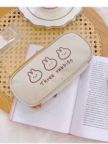 1pc Cute Cartoon Bear Rabbit Canvas Pencil Case, Minimalist Line Animal Print Pen Bag, Large Capacity Zipper Stationery Storage Pouch, Kawaii Simple Design, Portable Student Pencil Holder For School, Office & Back To School Gift - Flip-top Pencil Case - View 10