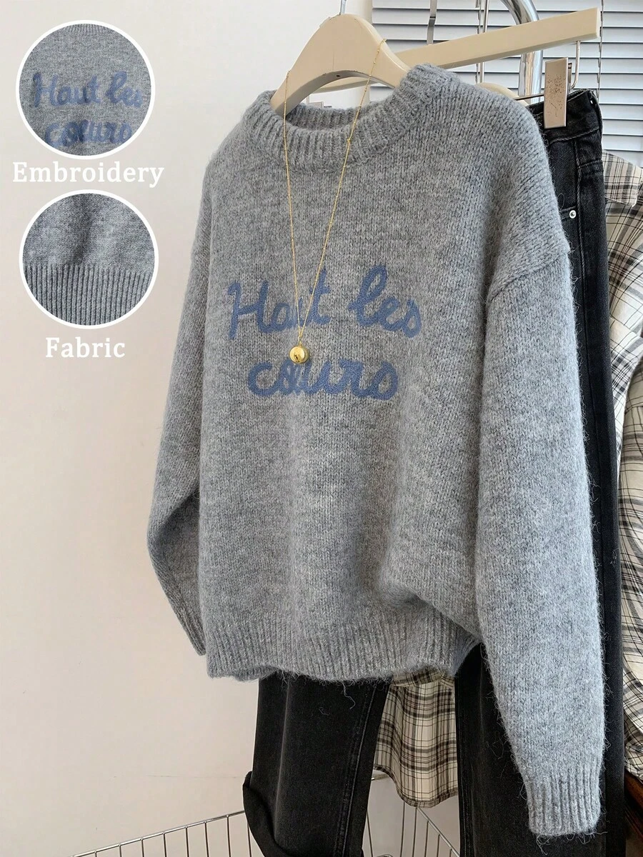 Women's Fashion Casual Embroidered Letter Pattern Crew Neck Long Sleeve Knit Pullover Sweater,Autumn/Winter Top,Back-To-School Outfits - Grey - View 1