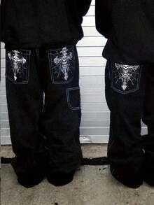 Teen Boy Vintage Washed Wide Leg Jeans, Cross And Skull Pattern, Y2K - Black - View 5