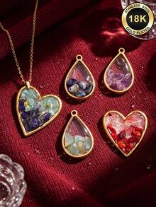1pcs304 Stainless Steel, 18K Gold Plated Gradient Multicolored Natural Stone Dripping Oil Resin Heart-Shaped Teardrop Frame Pendant DIY Necklace - Pendants - View 6