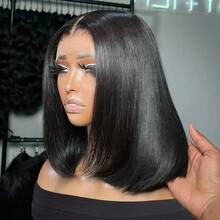 Dollface Short Bob Lace Front Wigs Made Of Human Hair, 13x4 Lace Design, With Smooth Styles And 200% Density For Women. HD 13x6 Transparent Lace Front Wig, Pre-Plucked With A Natural Hairline. 4x4 And 5x5 Straight Human Hair Wigs. - Natural Black - View 4