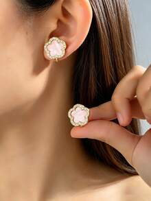 1 Pair New Lucky Five-Leaf Clover & Five-Petal Flower Ear Clips, Micro-Inlaid Rhinestone Design, Premium Look, Women's Non-Pierced Earrings - Pink - View 2