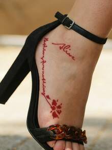 STARTTOOS 2PCS(Tattoo Stencil + Tattoo Dye) Hollow Floral Butterfly Feather Word Phrase Pattern Nail Art Tattoo, Suitable For Hands, DIY Painting, Ink, Reusable Mehndi Design Stencil Ink - Red - View 2