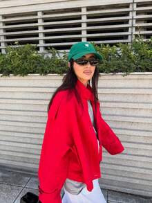 FGGG Women's Epaulettes & Button Decorated Long Sleeve Stand Collar Loose Straight Woven Red Short Trench Coat, Vintage British Style, Suitable For Daily & Party Wear, Spring & Autumn - Red - View 4