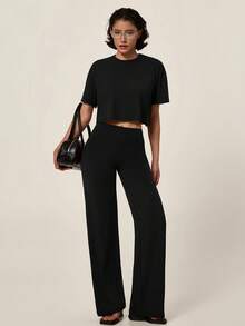 TimeOff Women's One Set Autumn/Winter Solid Color Round Neck Loose Short T-Shirt & Wide Leg Long Pants Sports Outfit - Black - View 5
