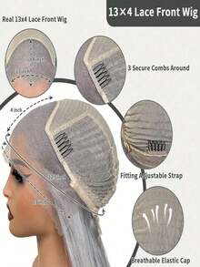 Silver Grey 200 Density Short Straight Lace Front Wigs Human Hair Glueless Human Hair Wig Brazilian Virgin Silver Gray Colored 13x4 HD Transparent Natural Straight Bob Lace Frontal Wig Pre Plucked Bleached Knots - Grey - View 5