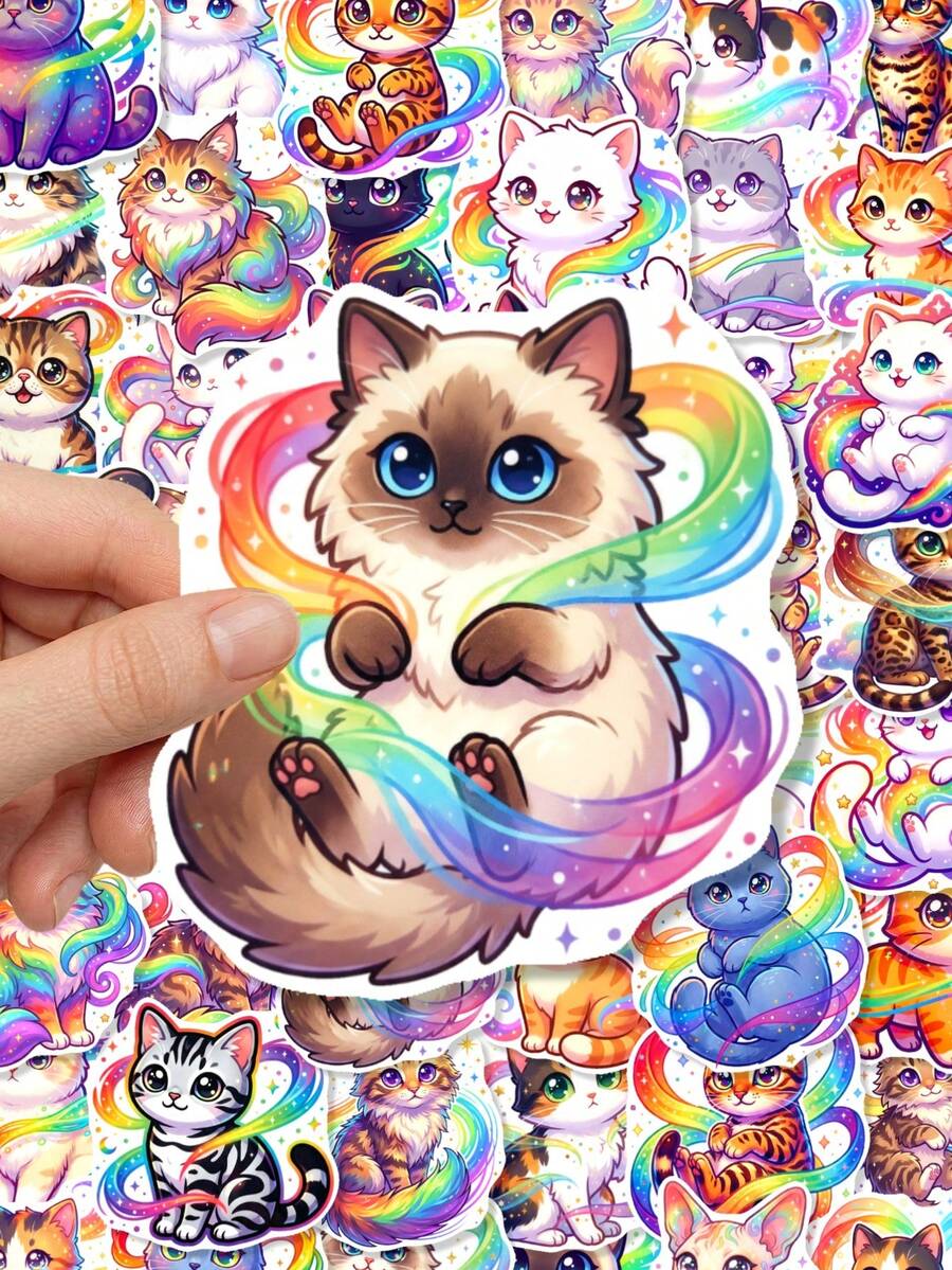 50PCS Rainbow Galaxy Cat Paper Stickers, Cute Nebula Rainbow Swirl Kitten Decals For Planner, Notebook, Phone Case & Dreamy Galaxy Aesthetic Crafts, Back To School Decor - Multicolor - View 1