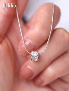 Hihho 1pc French Style Square Zirconia Collarbone Necklace, Soft Snake Chain, Minimalist Commute & Date Exquisite Jewelry - Ladder Square - View 2