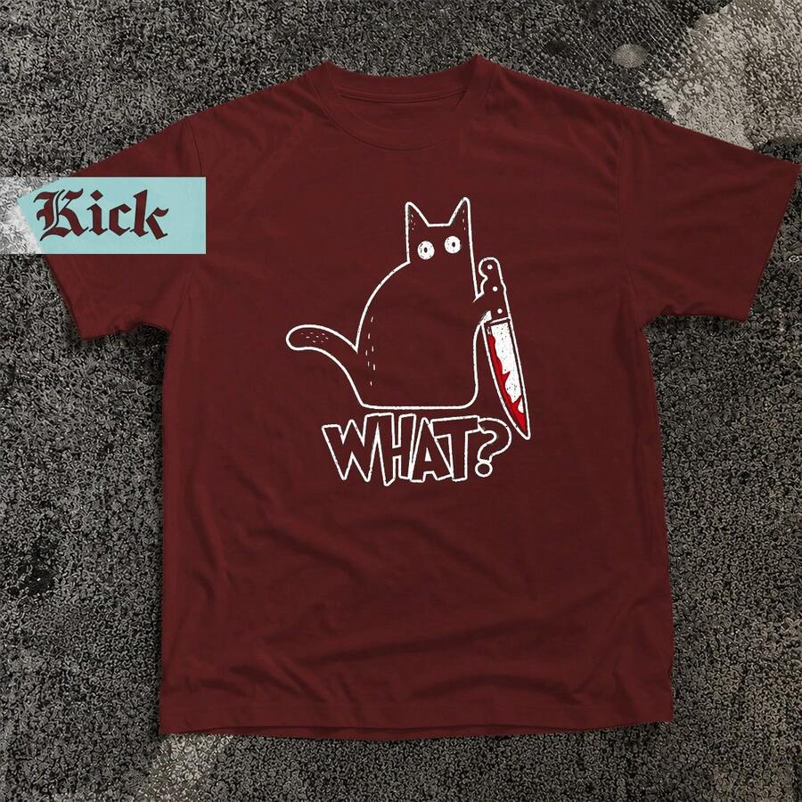 Camisa Camiseta T-Shirt Killer Cat Gato Assassino Estilo Vintage 100% Algodão Aesthetic - bordô - Visão 1