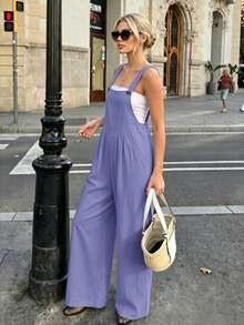Mono de mujer de pierna ancha con botones y tirantes de color liso para primavera, verano, otoño y vacaciones - Morado - Ver 2